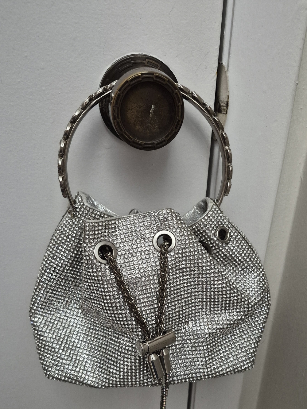 Silver Crystal Mini Bucket Bag with Chain Drawstring